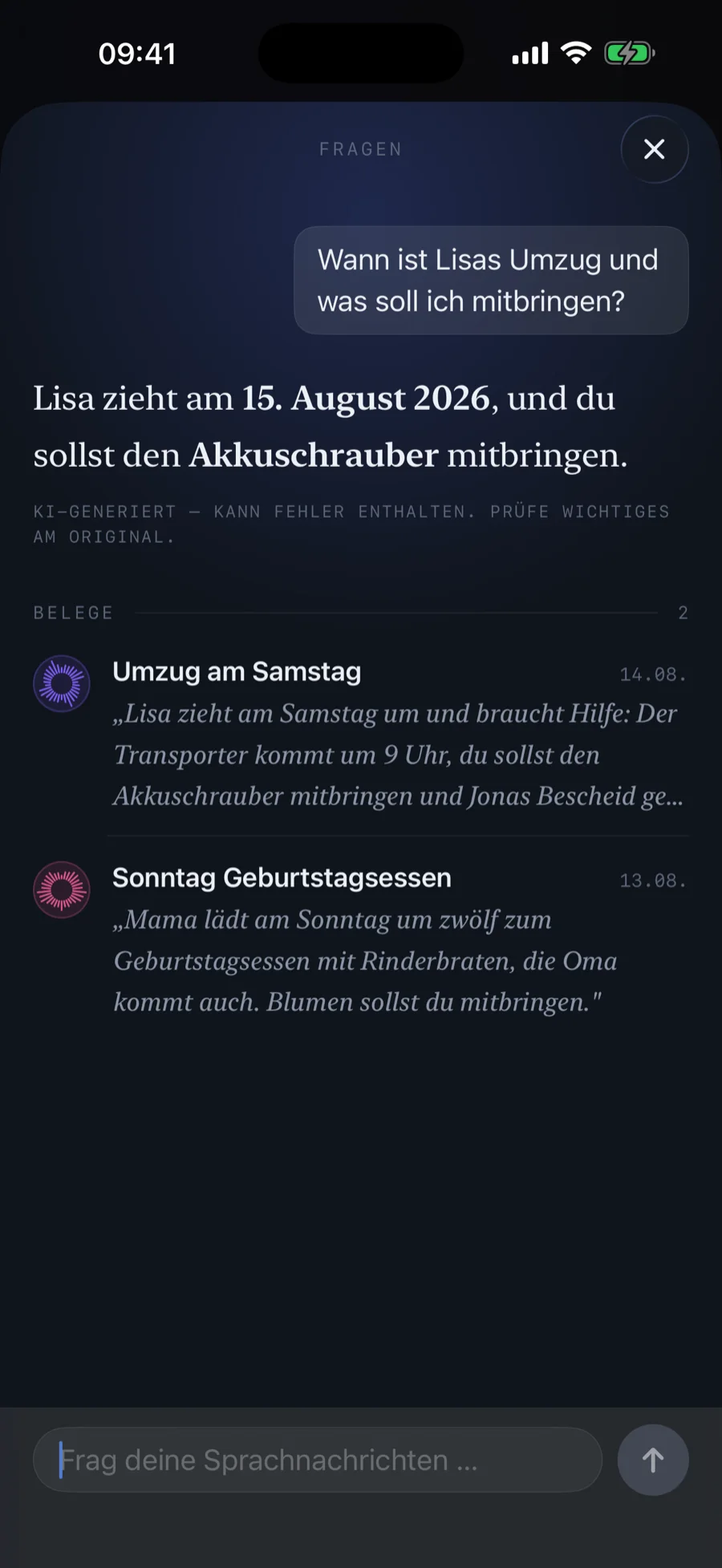 VoiceClue-Frageansicht mit Antwort und Beleg aus der Aufnahme