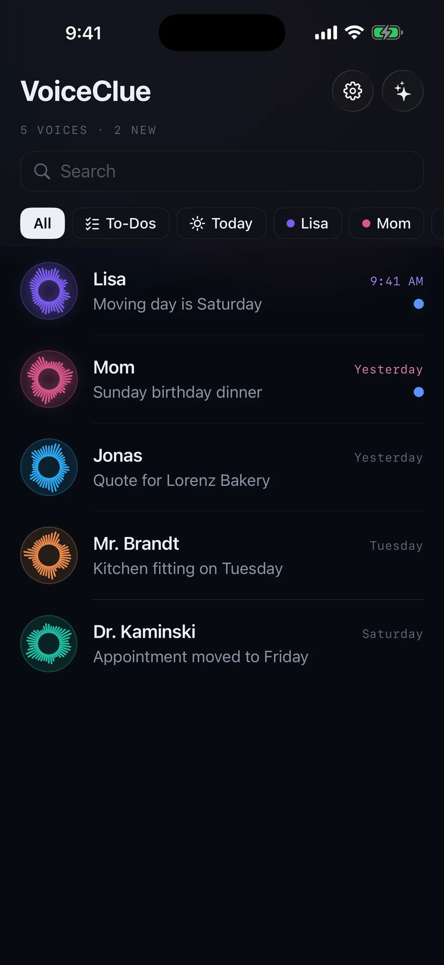 VoiceClue home view with a folder per person and unread messages
