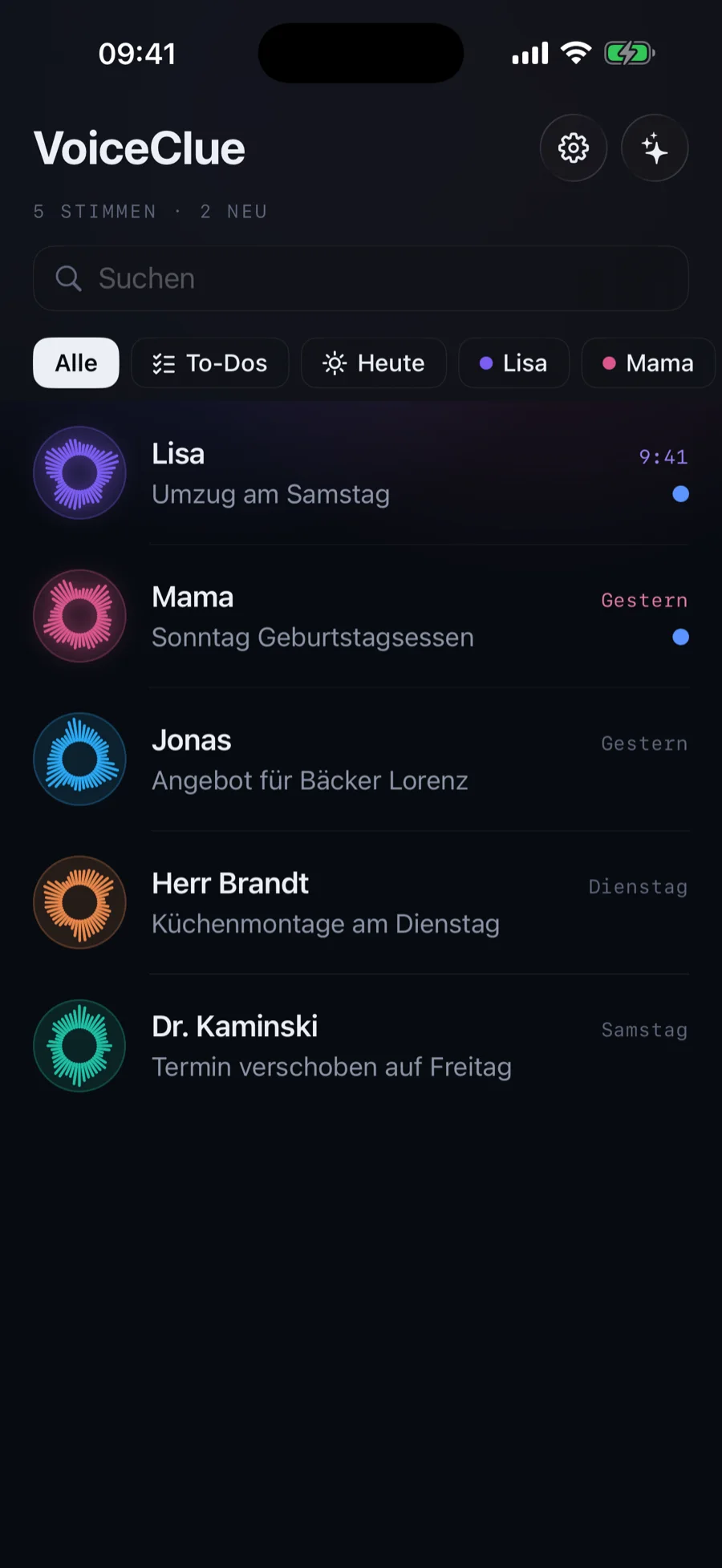 VoiceClue-Startansicht mit Ordnern pro Person und ungelesenen Nachrichten