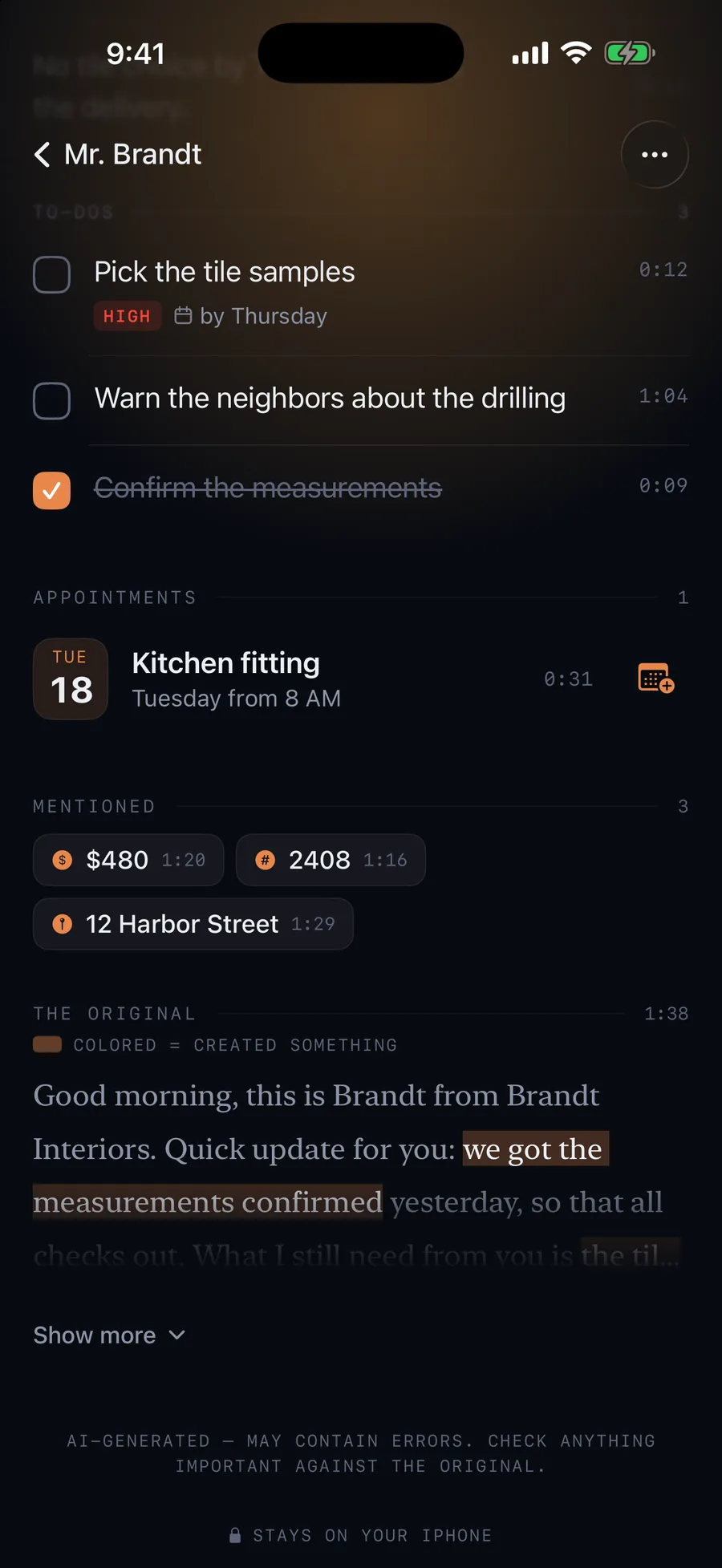 VoiceClue to-dos and appointments with due dates and priority