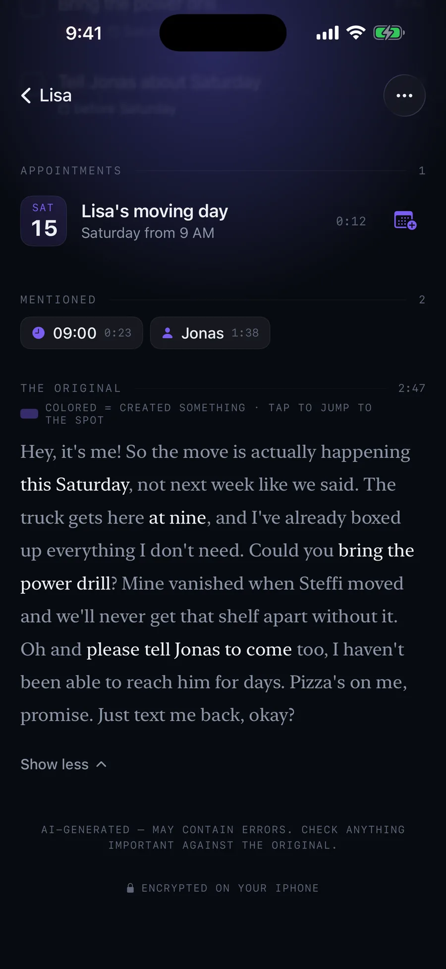 VoiceClue transcript with colour-coded highlights and an audio bar