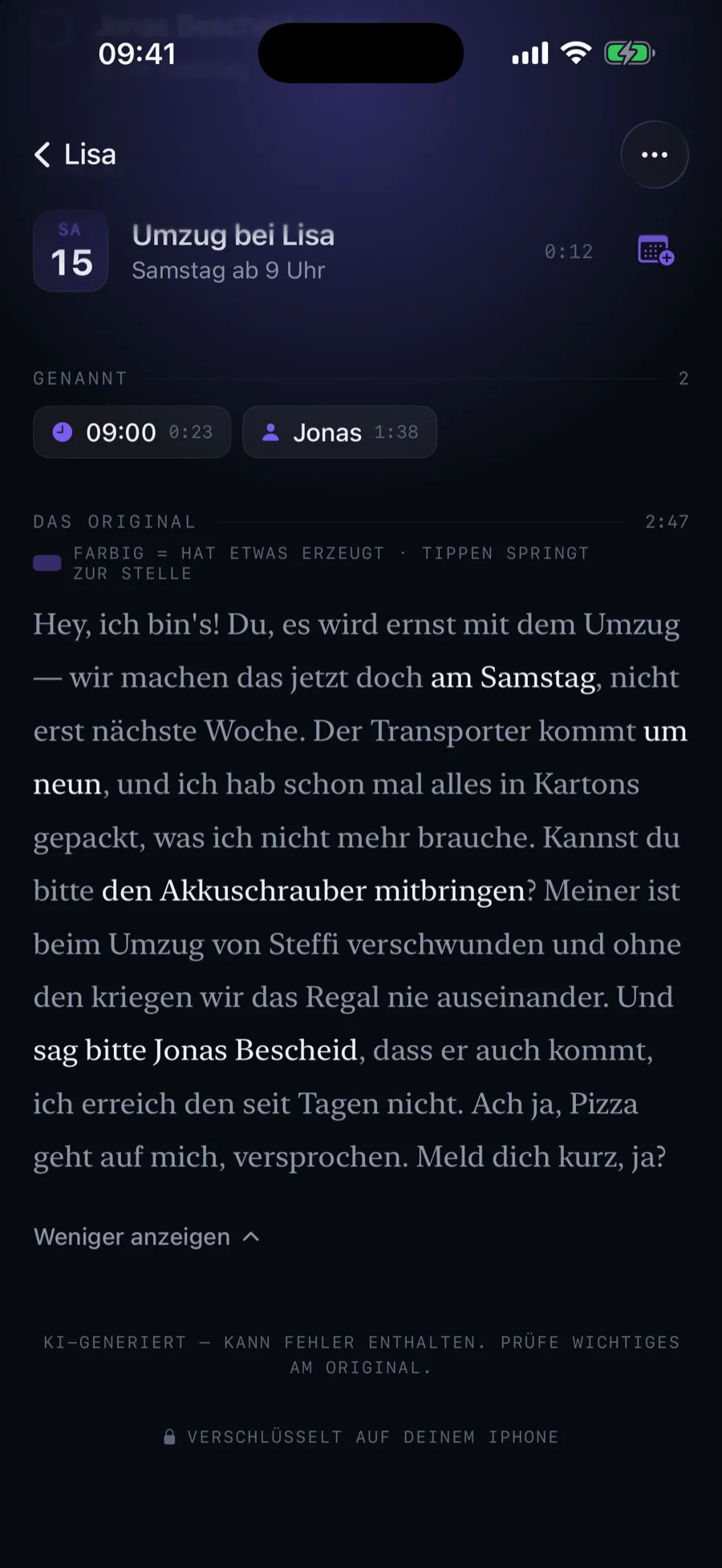 VoiceClue-Transkript mit farbigen Markierungen und Audioleiste